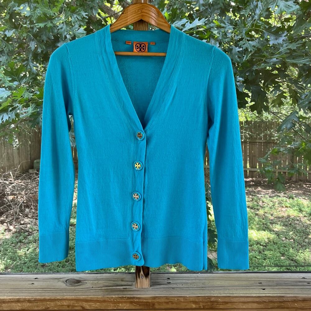 Tory Burch Women's Simone Cardigan Turquoise Logo Button Size M